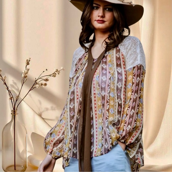 Entro Boho Aztec Neck-Tie Blouse | Sheer Patchwork Print Top - Picture 5 of 5